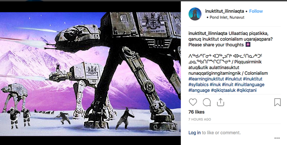 collage of Inuit hunters with harpoons fighting Star Wars AT-AT Walkers with Hudson’s Bay Company logos on their sides, in snowy landscape, with mountains in background