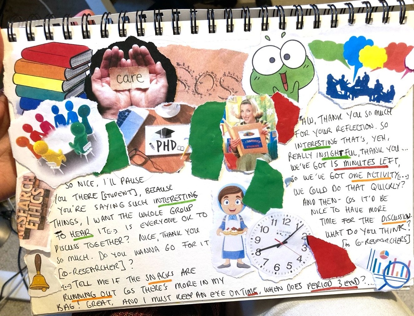 Hand-drawn collage centred on two extended quotes from the author during a co-facilitated focus group at site B. Collaged images symbolise the author’s feelings and concerns during these moments, including a bell, books, a clock, a children’s TV presenter, a woman serving food, and an image of research ethics.